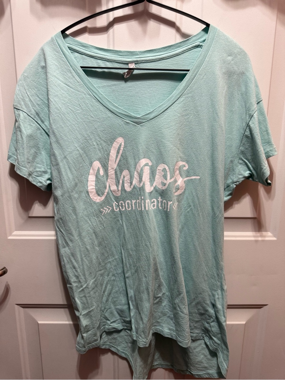 Chaos Coordinator Women’s V-Neck Graphic Tee - Light Aqua L